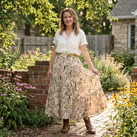 Sarah Arizona Dresses & Skirts - Vintage 90s Sarah Arizona Floral Cotton Gauze Tiered Maxi Skirt Pink Sage Green